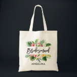 Modern Tropical Bridesmaid i penselskript Tygkasse<br><div class="desc">Modern Trendig Push Script Watercolor Tropical Blommigt Grey Bridesmaid Tote Bag</div>