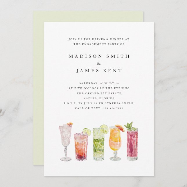 Modern Tropical Cocktails Bröllop Förlovningsfest Inbjudningar (Fram/baksida)