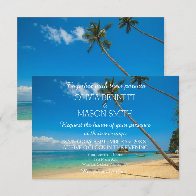 Modern Tropical Destination Beach Sea Bröllop Card Inbjudningar (Fram/baksida)