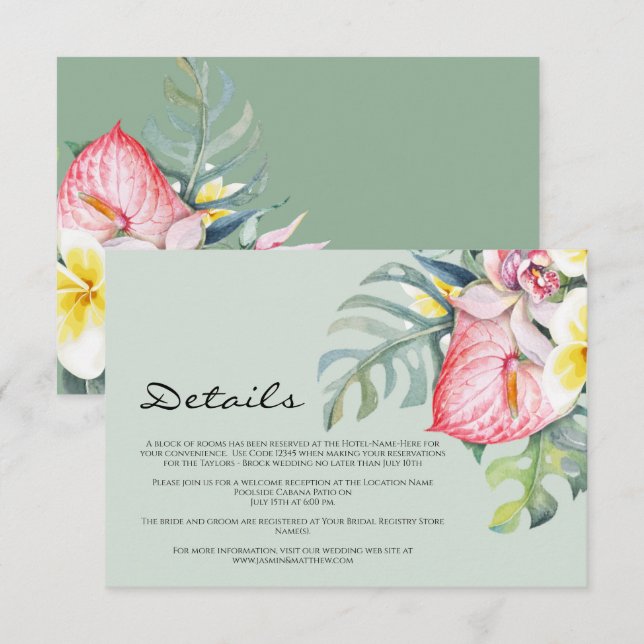 Modern Tropical Floral Hawaii Wedding Tilläggskort (Fram/baksida)