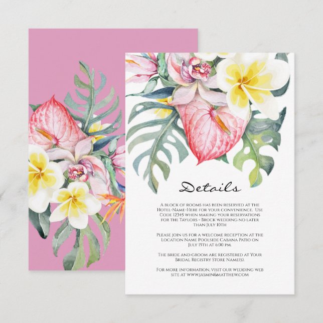 Modern Tropical Floral Hawaii Wedding Tilläggskort (Fram/baksida)