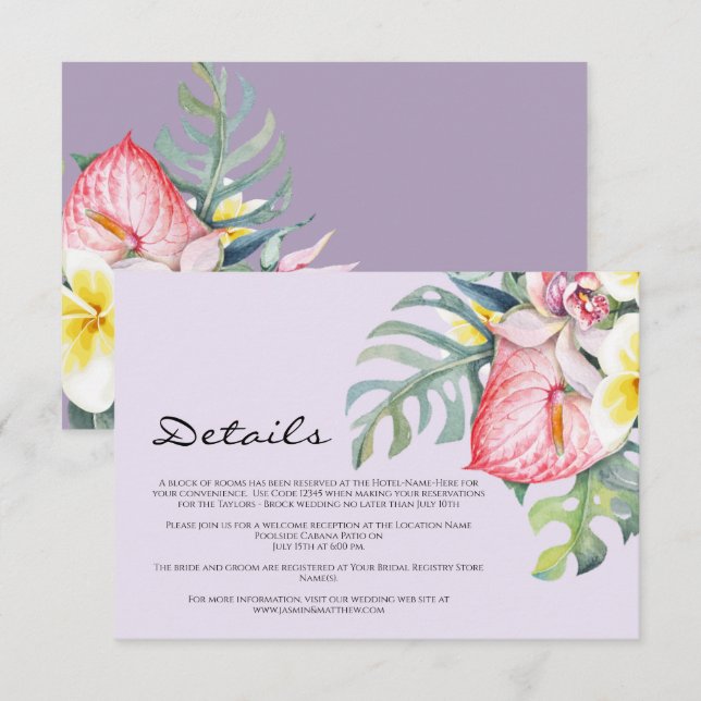 Modern Tropical Floral Hawaii Wedding Tilläggskort (Fram/baksida)