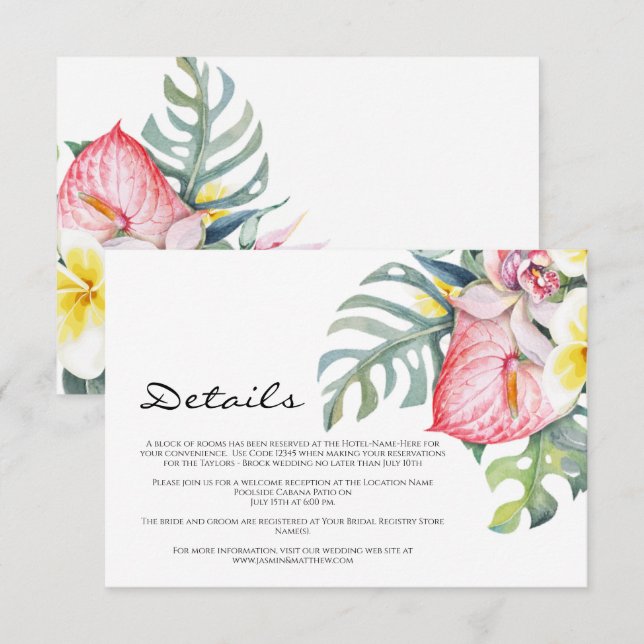 Modern Tropical Floral Hawaii Wedding Tilläggskort (Fram/baksida)
