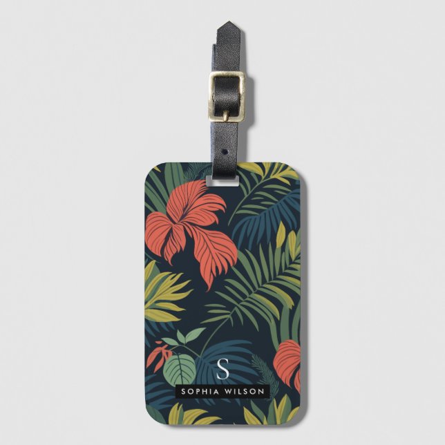 Modern Tropical Flowers Grönt Löv Monogram Bagagebricka (Framsida vertikal)