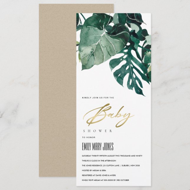 MODERN TROPICAL FOLIAGE MONSTERA BABY SHOWER INVI INBJUDNINGAR (Fram/baksida)