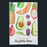 Modern Tropical Frucs Food Script Namn Kökshandduk<br><div class="desc">Modern tropisk frukt i vattenfärgen Mat från Elegantens kök,  Namn kökshandduk för honinskrift</div>