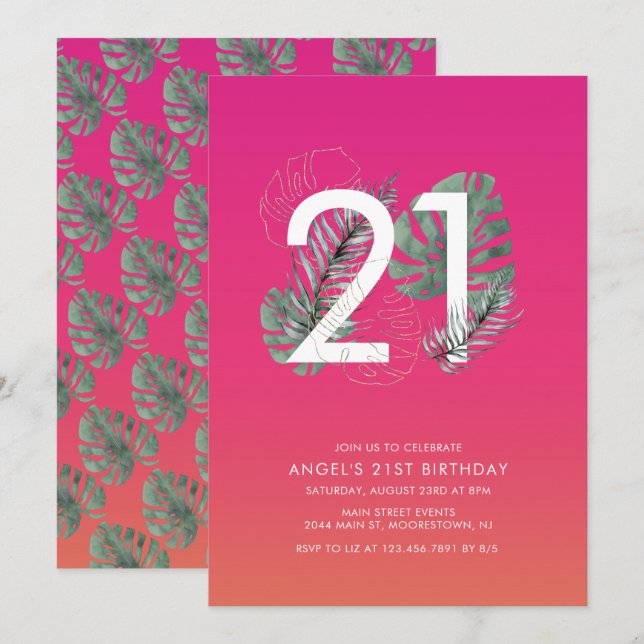 Modern Tropical Fuchsia 21:a födelsedagen Inbjudningar (Fram/baksida)