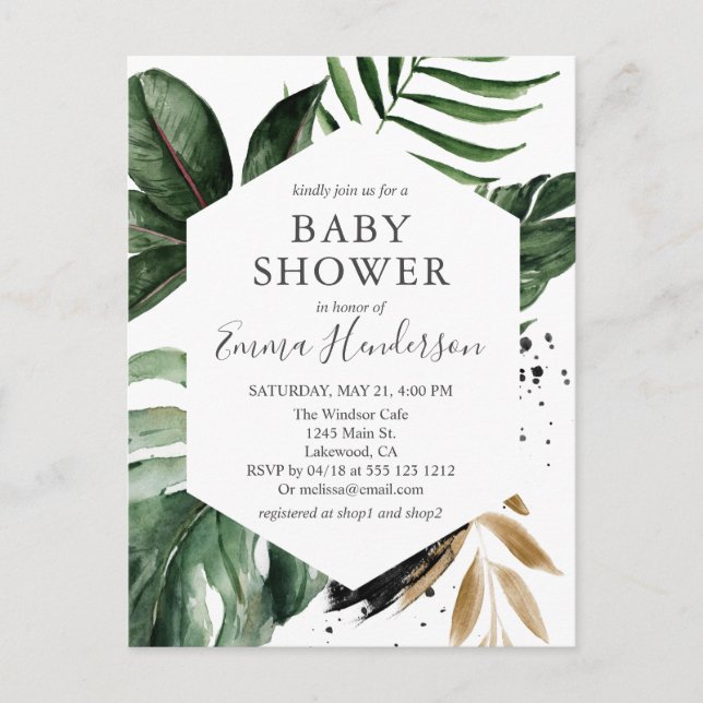 Modern Tropical Greenery Baby Shower Inbjudan Vykort (Framsida)