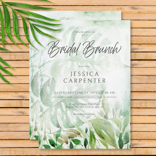 Modern Tropical Greenery Watercolor Möhippa Brunch Inbjudningar (Modern Tropical Greenery Watercolor Bridal Brunch Invitation)