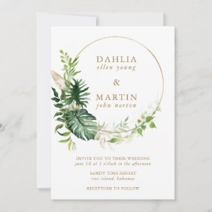 Modern Tropical Grey Guld Geometric Bröllop Inbjudningar