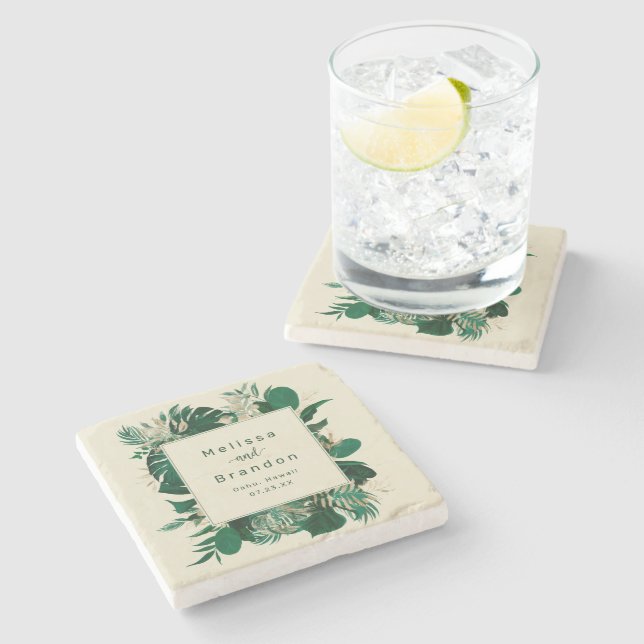 Modern Tropical Grey Mörk Leafy Framed Bröllop Stenunderlägg (Sidan)