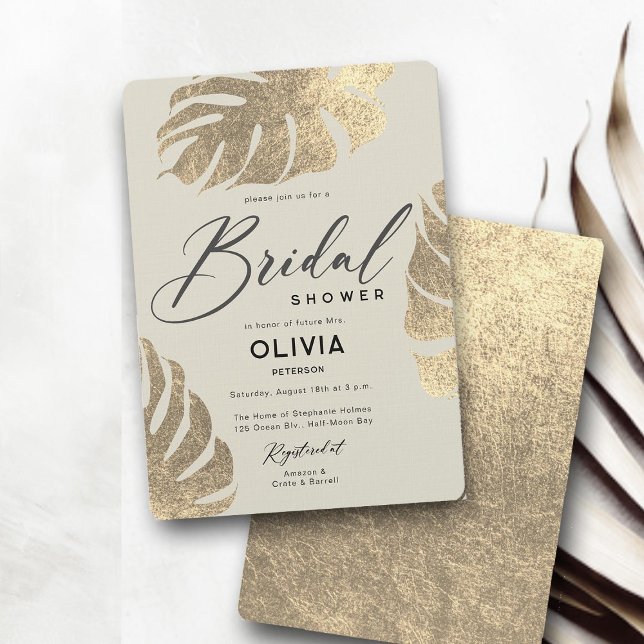Modern Tropical Guld Elegant Foliage Möhippa Inbjudningar (tropical bridal shower invitation gold leaf monstera ecru ivory luxury modern elegant boho)