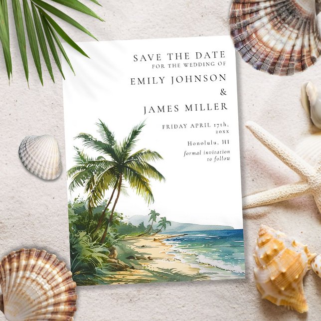 Modern Tropical Handflatan Beach Wedding i vattenf Spara Datumet (Modern Watercolor Tropical Palm Beach Wedding Save The Date)