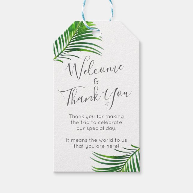 Modern Tropical Handflatan Greenery Beach Wedding  Presentetikett (Framsidan)