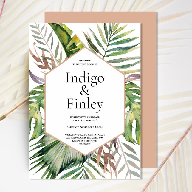 Modern Tropical Handflatan Löv Bröllop Inbjudningar (Skapare uppladdad)