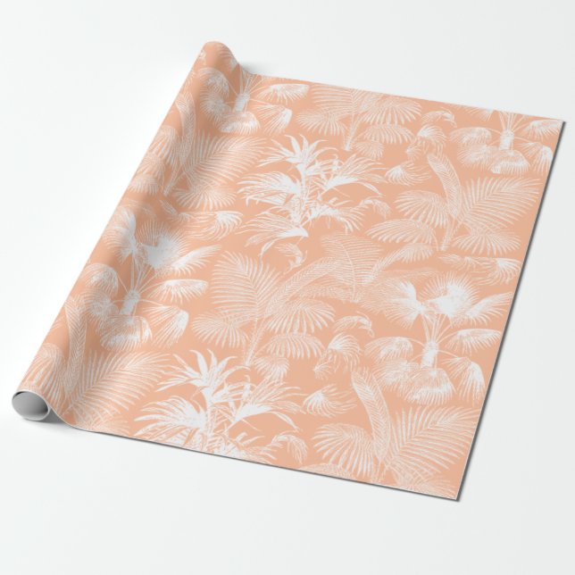 Modern Tropical Handflatan Träd White Peach Rosa Presentpapper (Utrullad)