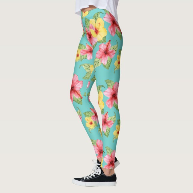 Modern Tropical Hibiscus Blommigt Girly Chic Mönst Leggings (Vänster)