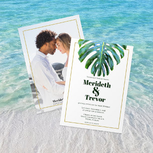 Modern Tropical Löv Guld Photo Beach Wedding Inbjudningar