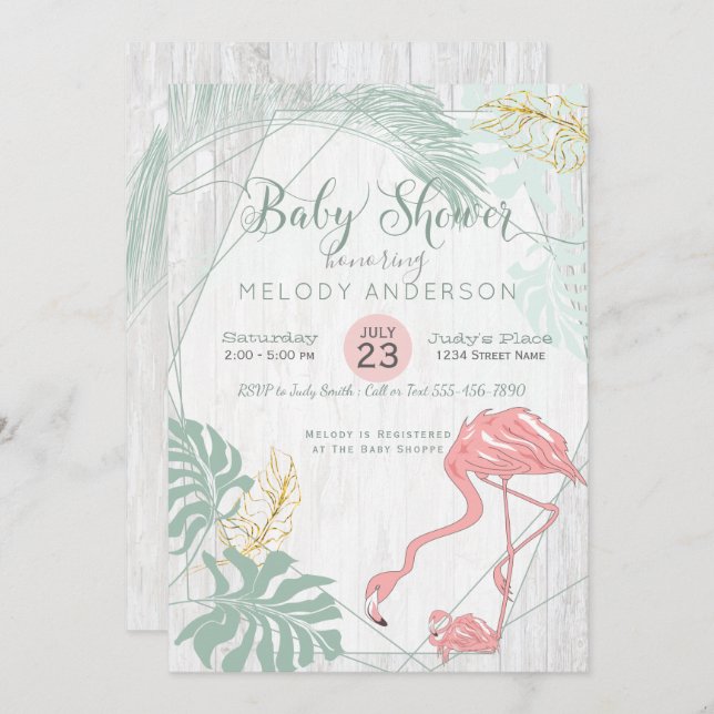 Modern Tropical Lövs Rosa Flamingo Baby Shower Inbjudningar (Fram/baksida)