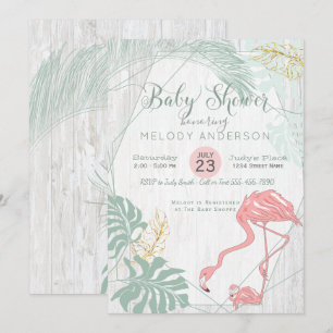 Modern Tropical Lövs Rosa Flamingo Baby Shower Inbjudningar