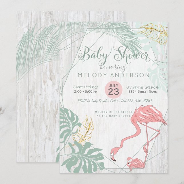 Modern Tropical Lövs Rosa Flamingo Baby Shower Inbjudningar (Fram/baksida)