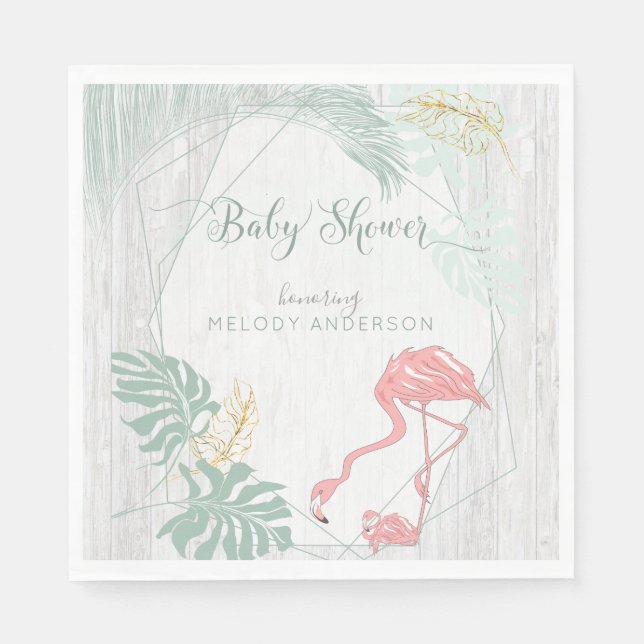 Modern Tropical Lövs Rosa Flamingo Baby Shower Pappersservett (Framsidan)