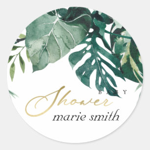 Modern Tropical Monstera Grönt Foliage Baby Shower Runt Klistermärke