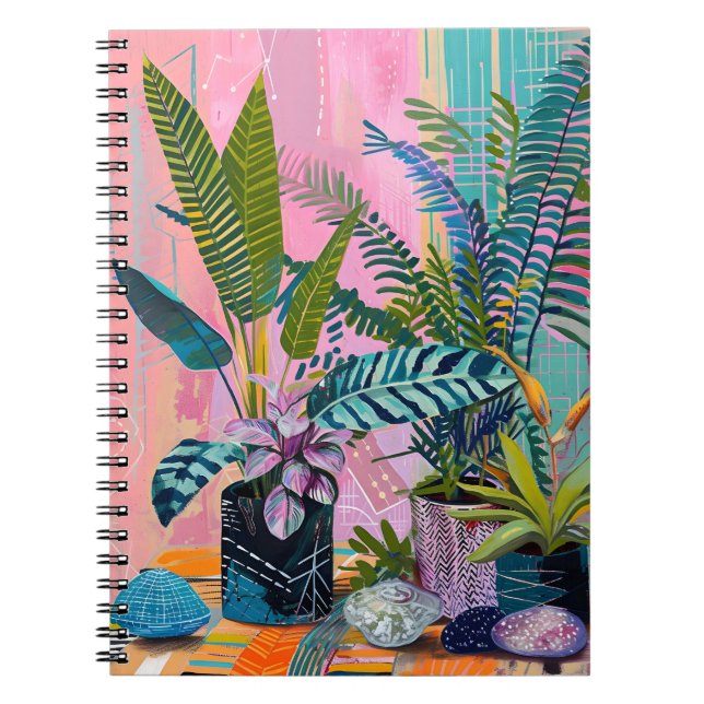 Modern Tropical Plant Print – Pink and Green  Anteckningsbok (Framsidan)