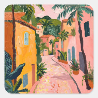 Modern Tropical Plant Print – Pink and Green Fyrkantigt Klistermärke