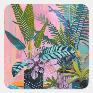 Modern Tropical Plant Print – Pink and Green Fyrkantigt Klistermärke