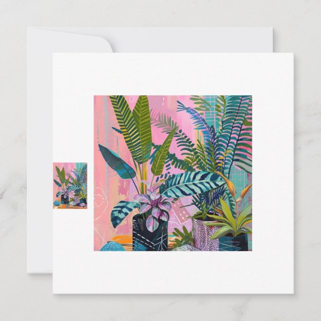Modern Tropical Plant Print – Pink and Green  Inbjudningar (Framsida)