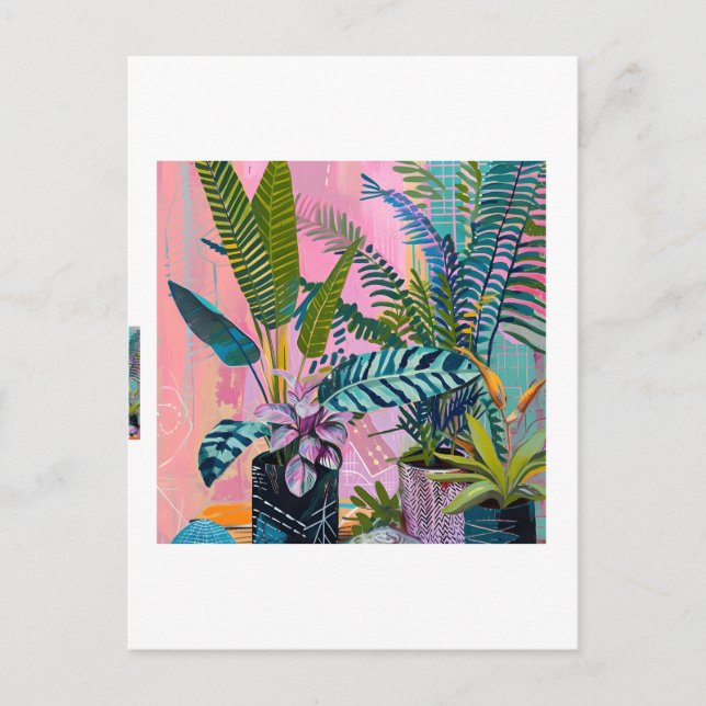Modern Tropical Plant Print – Pink and Green  Vykort (Framsida)