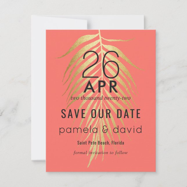 Modern Tropical Save the Date in Coral Spara Datumet (Framsida)