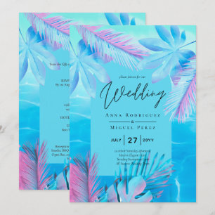 Modern Tropical Summer Aqua Blue Rosa Bröllop Inbjudningar