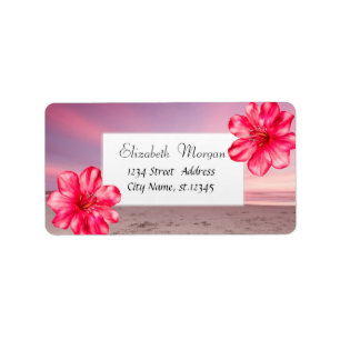 Modern Tropical Sunset Beach,Hibiscus Adressetikett