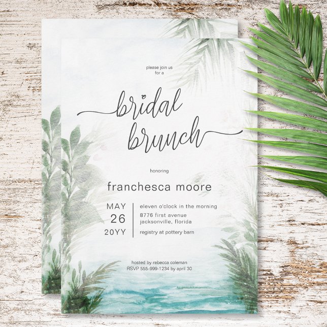 Modern Tropical Vatten & Handflatan Möhippa Brunch Inbjudningar (Modern Tropical Water & Palms Bridal Brunch Invitation)