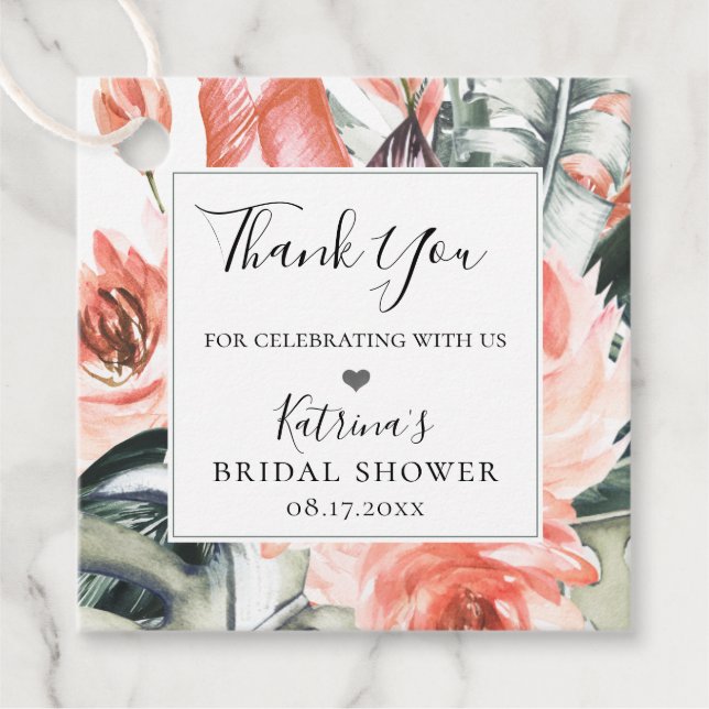 Modern Tropicas Coral Blommigt Ram Tack Gåvor Etiketter (Framsida)