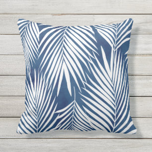 Modern Tropik Blue White Handflatan Löv utanför dö Kudde