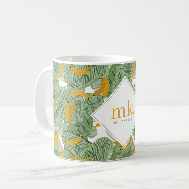 Modern tropisk banan grönska mönster monogram kaffemugg (Framsida vänster)