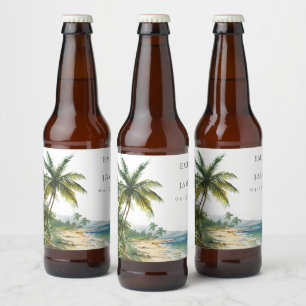 Modern tropisk Beach-bröllop med vattenfärg Ölflaska Etikett