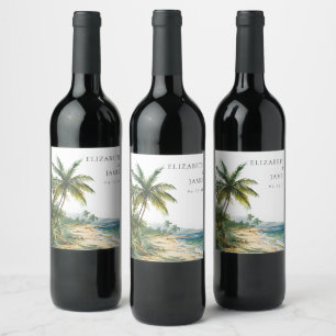Modern tropisk Beach-bröllop med vattenfärg Vinflaska Etikett