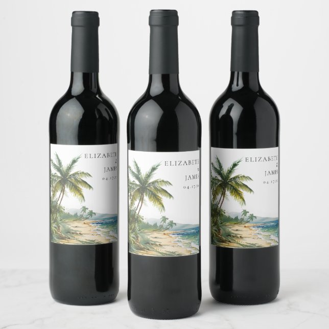 Modern tropisk Beach-bröllop med vattenfärg Vinflaska Etikett (Flaskor)