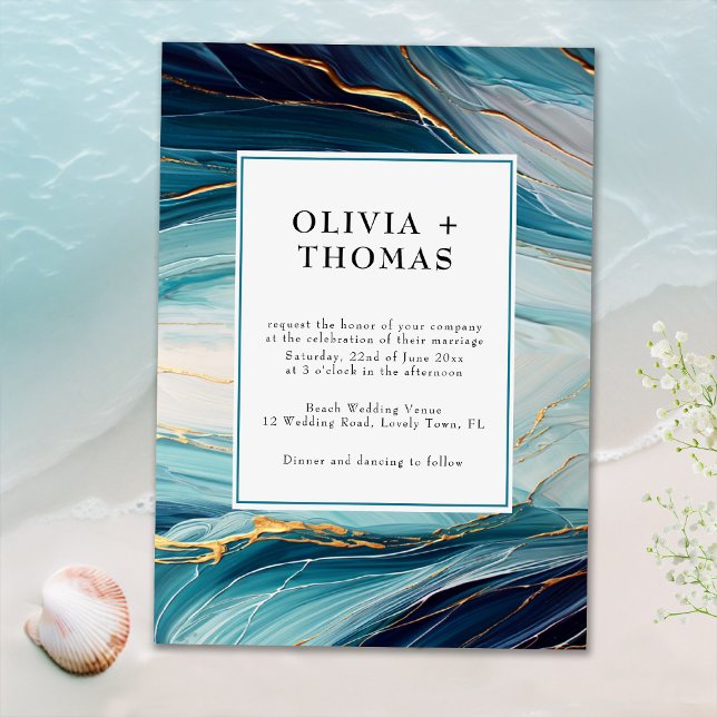 Modern tropisk bliss Guld Bläck Ocean Wave Bröllop Inbjudningar (Skapare uppladdad)