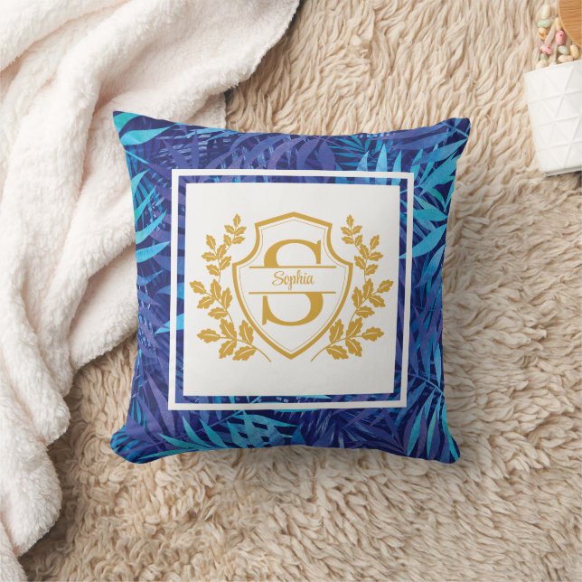 Modern Tropisk Blommig Guld Kam Initial Monogram Kudde (Filt)