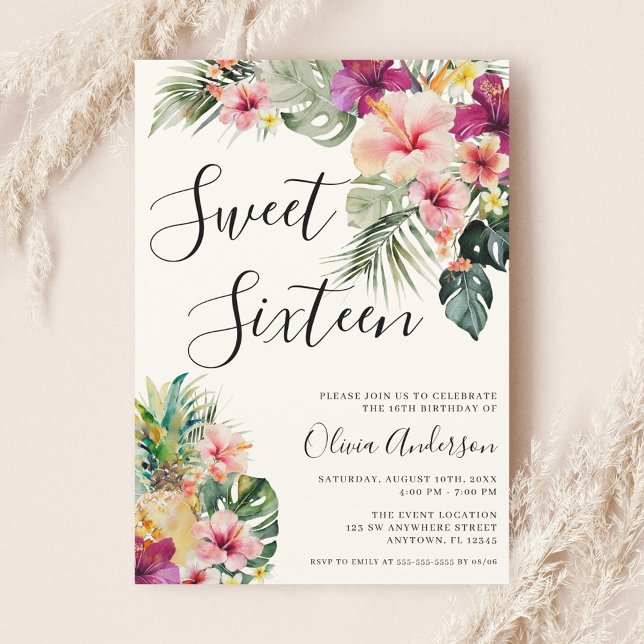Modern Tropisk Blommig Sweet 16 Beige Inbjudningar (Skapare uppladdad)