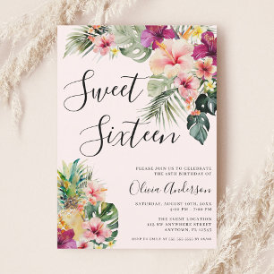 Modern Tropisk Blommig Sweet 16 Rosa Inbjudningar