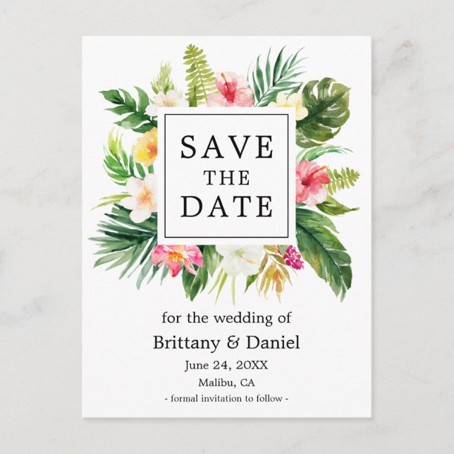 Modern tropisk Blommigt med vattenfärg Spara datum Meddelande Vykort (Framsida)