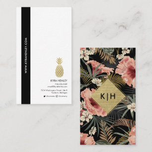 Modern tropisk Blommigt och ananas Rosa vid Svarta Visitkort