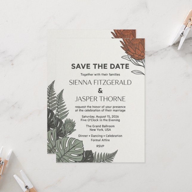 Modern Tropisk Botanisk Save the Date-kort Inbjudningar (Fram/Back In Situ)