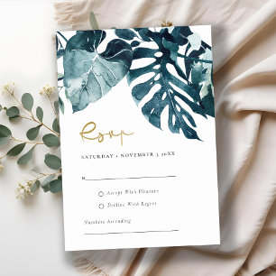 Modern tropisk monstera Foliage Bröllop Blue-Osa Tilläggskort